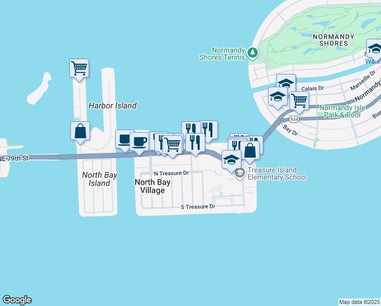 map of restaurants, bars, coffee shops, grocery stores, and more near 1666 79th Street Causeway in North Bay Village