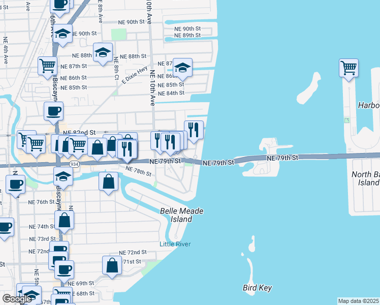 map of restaurants, bars, coffee shops, grocery stores, and more near in Miami
