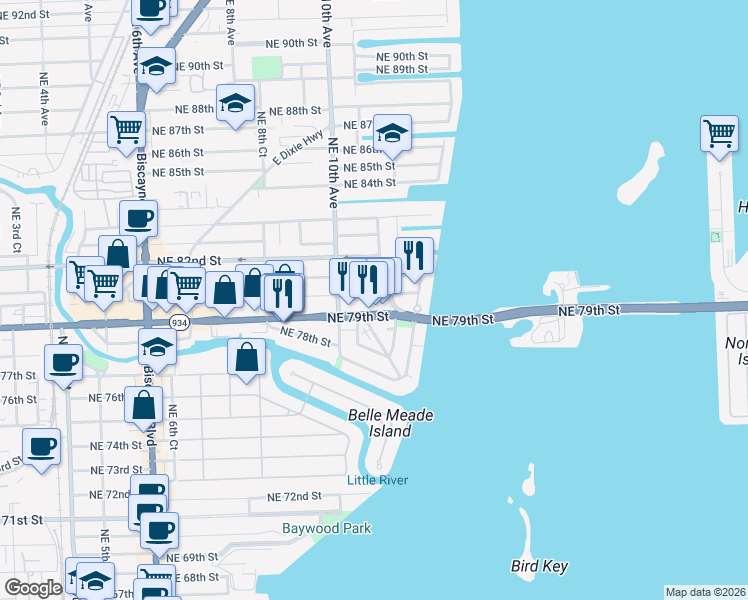 map of restaurants, bars, coffee shops, grocery stores, and more near in Miami
