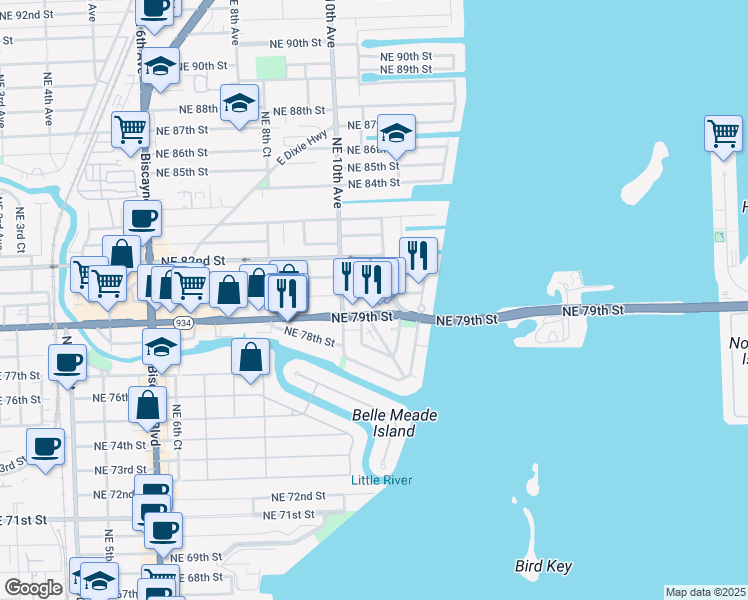 map of restaurants, bars, coffee shops, grocery stores, and more near in Miami