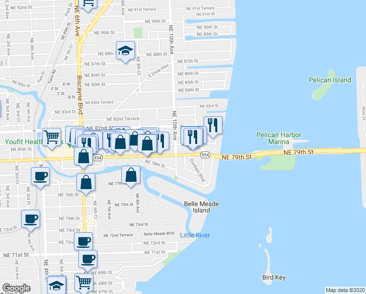 map of restaurants, bars, coffee shops, grocery stores, and more near 990 Northeast 79th Street in Miami