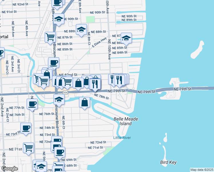 map of restaurants, bars, coffee shops, grocery stores, and more near 990 Northeast 79th Street in Miami