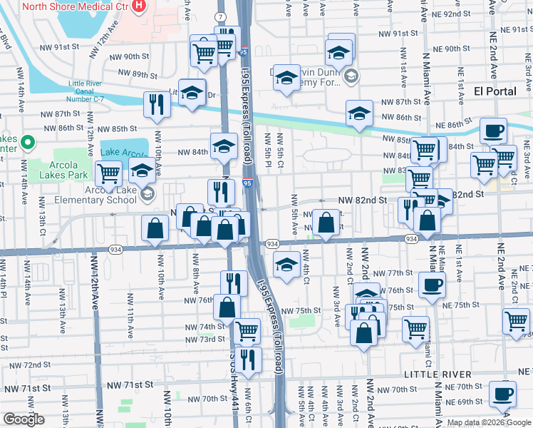 map of restaurants, bars, coffee shops, grocery stores, and more near 7970 Northwest 5th Court in Miami