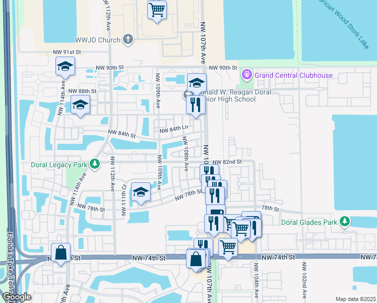 map of restaurants, bars, coffee shops, grocery stores, and more near 10751 Northwest 81st Lane in Doral