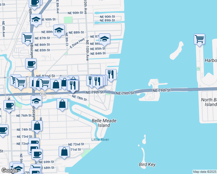 map of restaurants, bars, coffee shops, grocery stores, and more near 7950 Northeast Bayshore Court in Miami