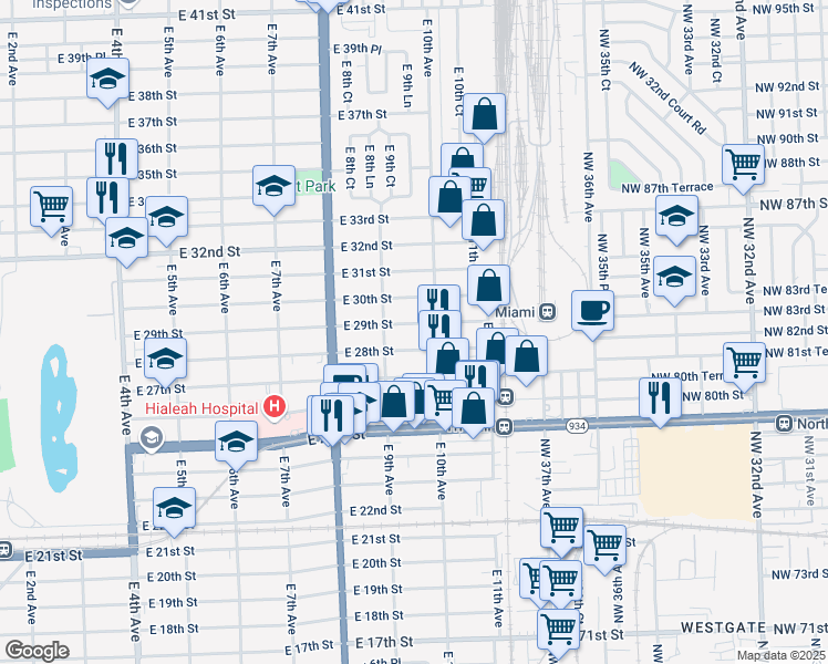 map of restaurants, bars, coffee shops, grocery stores, and more near 935 East 29th Street in Hialeah
