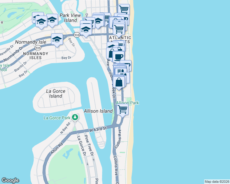 map of restaurants, bars, coffee shops, grocery stores, and more near 6574 Collins Avenue in Miami Beach