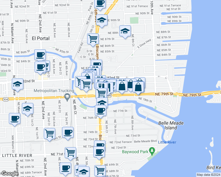 map of restaurants, bars, coffee shops, grocery stores, and more near 730 Northeast 81st Street in Miami