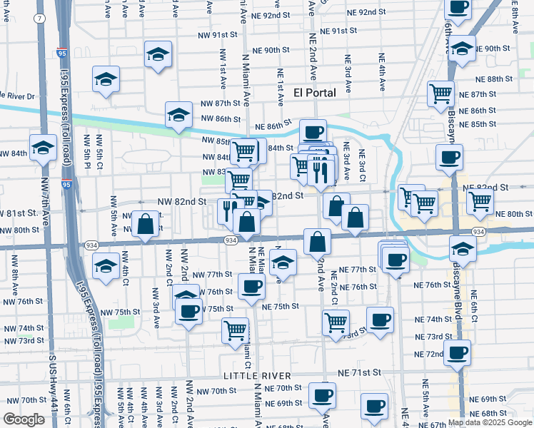 map of restaurants, bars, coffee shops, grocery stores, and more near 46 Northeast 82nd Street in Miami