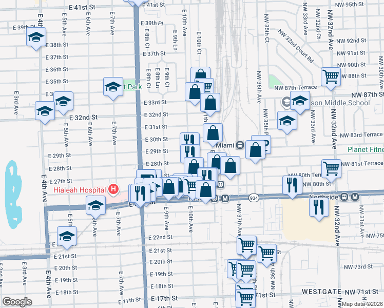 map of restaurants, bars, coffee shops, grocery stores, and more near 2905 East 10th Avenue in Hialeah