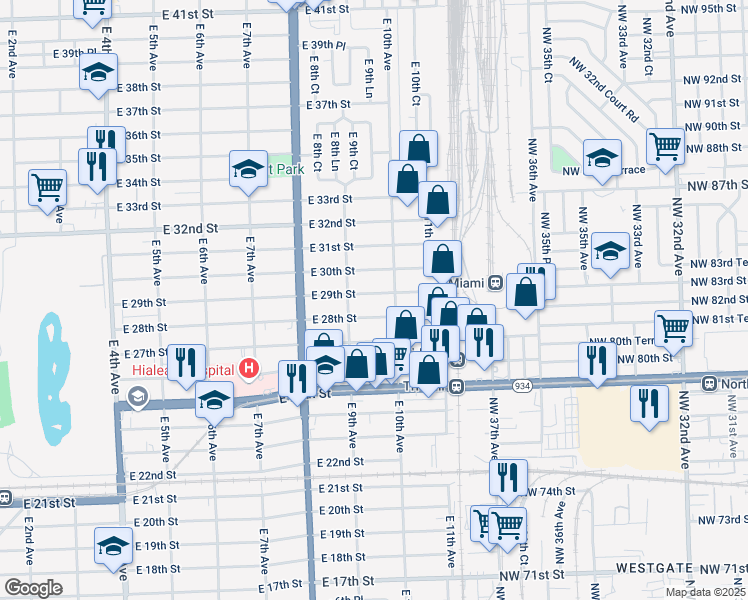map of restaurants, bars, coffee shops, grocery stores, and more near 935 East 29th Street in Hialeah
