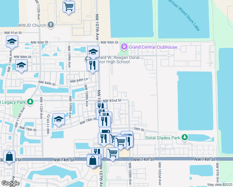 map of restaurants, bars, coffee shops, grocery stores, and more near 10472 Northwest 82nd Street in Doral