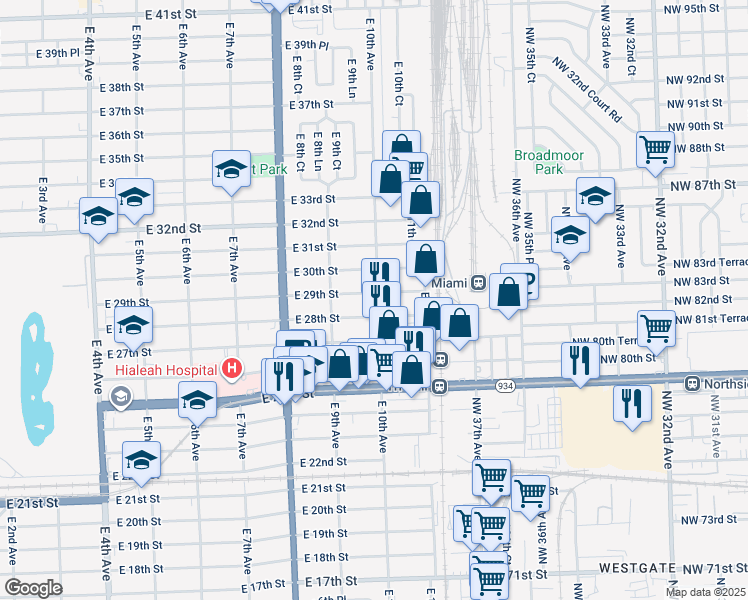 map of restaurants, bars, coffee shops, grocery stores, and more near 2905 East 10th Avenue in Hialeah