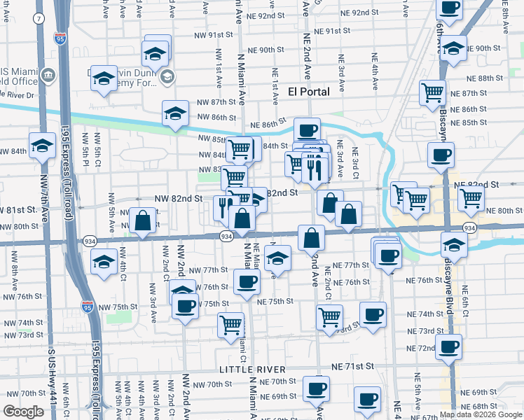 map of restaurants, bars, coffee shops, grocery stores, and more near 46 Northeast 82nd Street in Miami