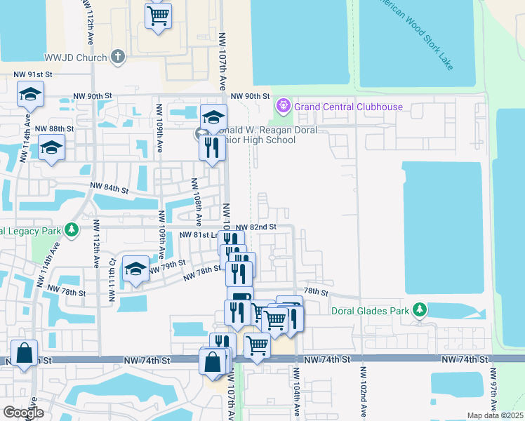 map of restaurants, bars, coffee shops, grocery stores, and more near 10472 Northwest 82nd Street in Doral
