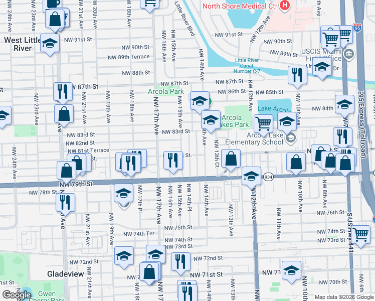 map of restaurants, bars, coffee shops, grocery stores, and more near 8152 Northwest 14th Place in Miami