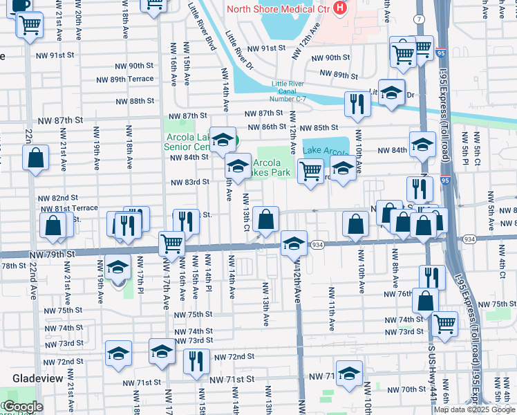 map of restaurants, bars, coffee shops, grocery stores, and more near 8100 Northwest 13th Avenue in Miami