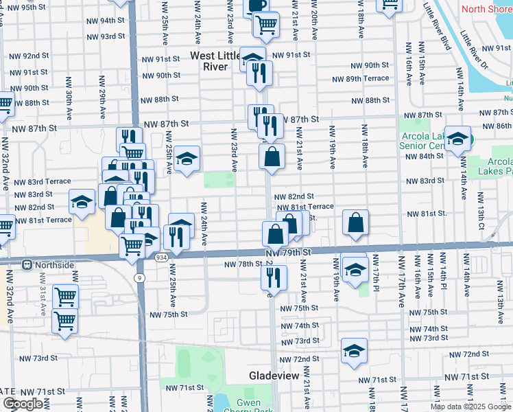map of restaurants, bars, coffee shops, grocery stores, and more near 2245 Northwest 82nd Street in Miami