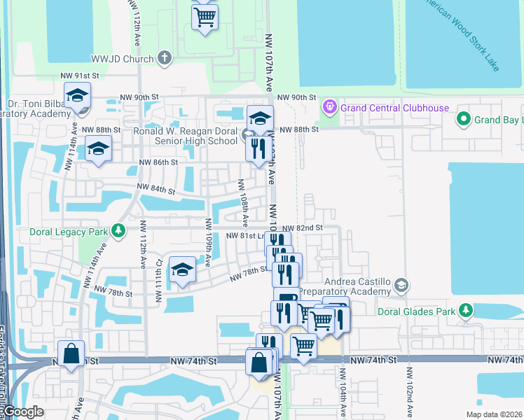 map of restaurants, bars, coffee shops, grocery stores, and more near 10763 Northwest 83rd Terrace in Doral