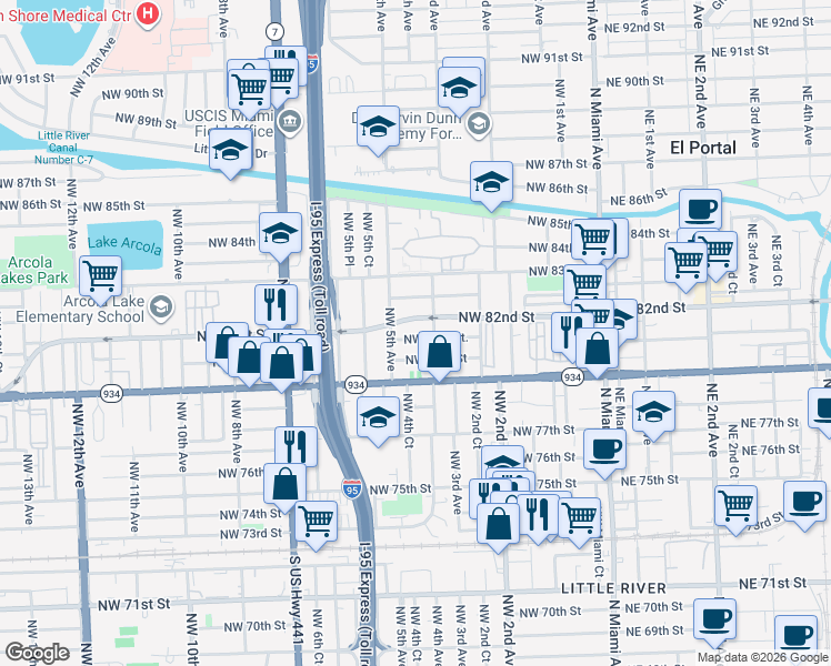 map of restaurants, bars, coffee shops, grocery stores, and more near 8201 Northwest 4th Avenue in Miami