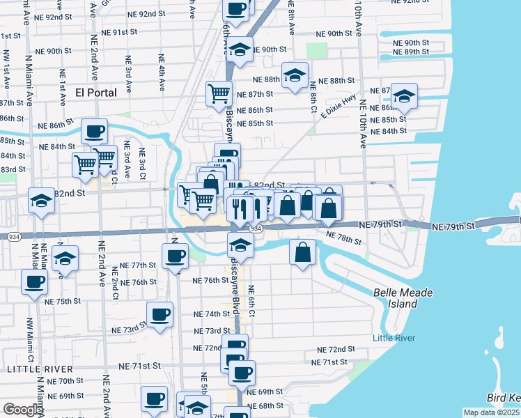 map of restaurants, bars, coffee shops, grocery stores, and more near 730 Northeast 81st Street in Miami