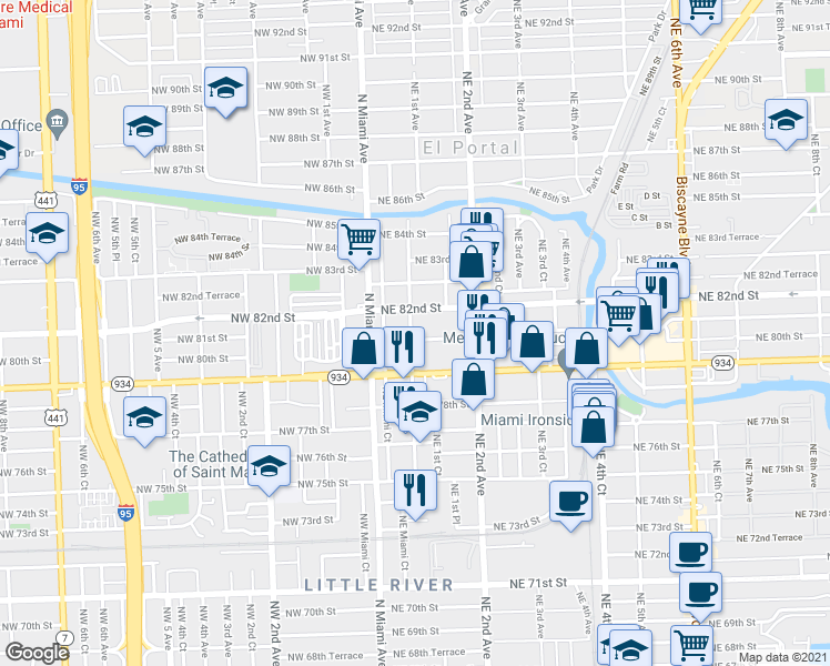 map of restaurants, bars, coffee shops, grocery stores, and more near 142 Northeast 82nd Street in Miami