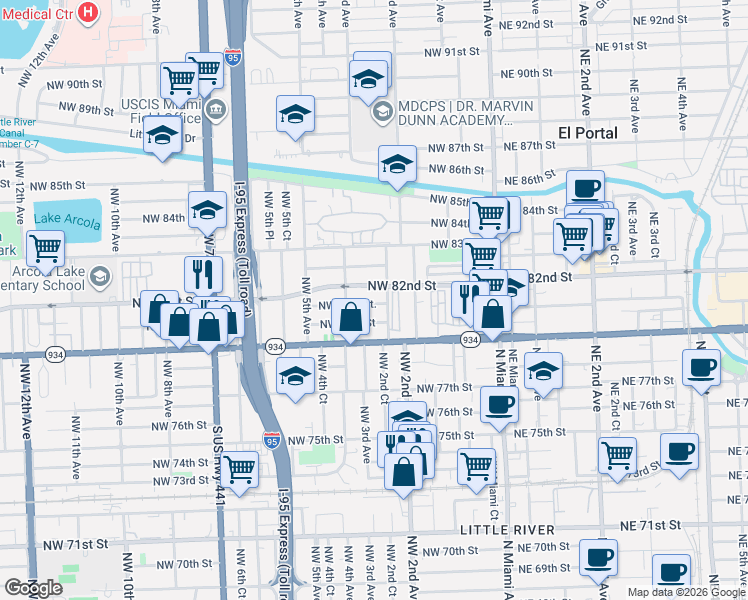 map of restaurants, bars, coffee shops, grocery stores, and more near 8226 Northwest 2nd Court in Miami
