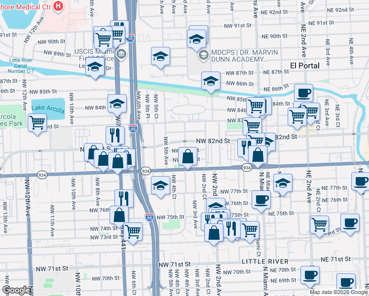 map of restaurants, bars, coffee shops, grocery stores, and more near 8201 Northwest 4th Avenue in Miami