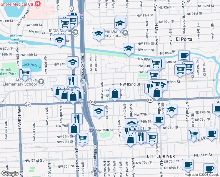 map of restaurants, bars, coffee shops, grocery stores, and more near 8201 Northwest 4th Avenue in Miami