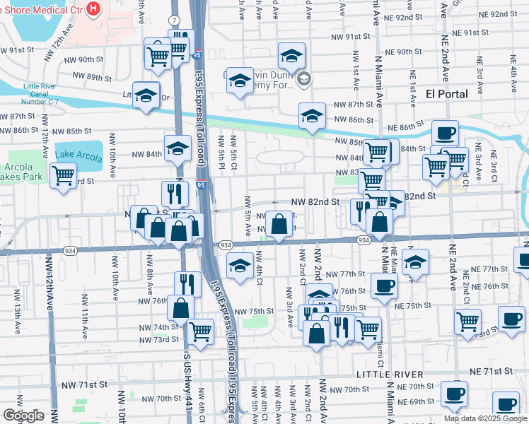 map of restaurants, bars, coffee shops, grocery stores, and more near 8201 Northwest 4th Avenue in Miami