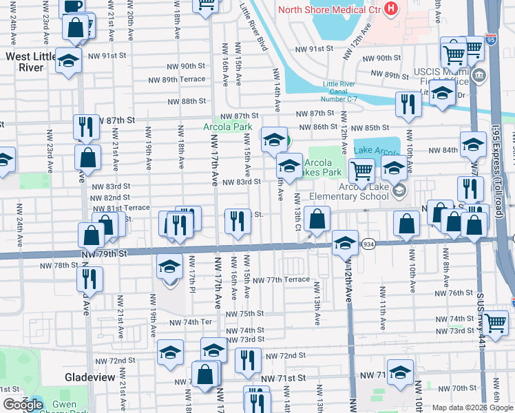 map of restaurants, bars, coffee shops, grocery stores, and more near 8152 Northwest 14th Place in Miami
