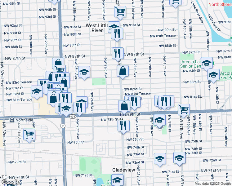 map of restaurants, bars, coffee shops, grocery stores, and more near 2245 Northwest 82nd Street in Miami