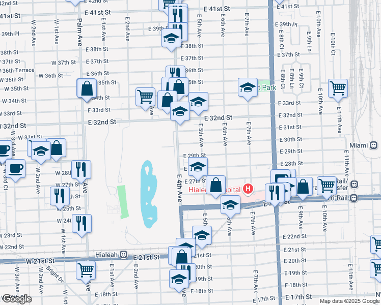 map of restaurants, bars, coffee shops, grocery stores, and more near 14 East 30th Street in Hialeah