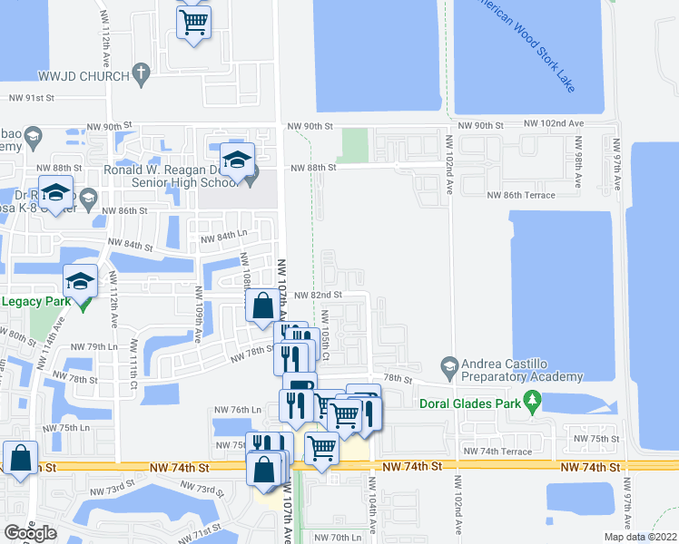 map of restaurants, bars, coffee shops, grocery stores, and more near 10472 Northwest 82nd Street in Doral