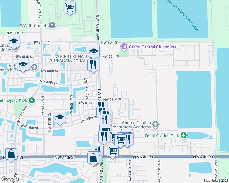 map of restaurants, bars, coffee shops, grocery stores, and more near 10472 Northwest 82nd Street in Doral