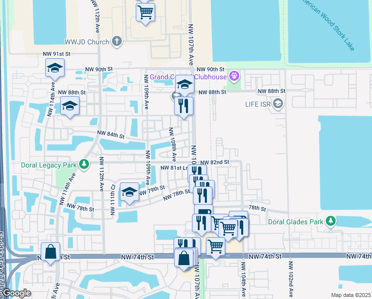 map of restaurants, bars, coffee shops, grocery stores, and more near 10763 Northwest 83rd Terrace in Doral