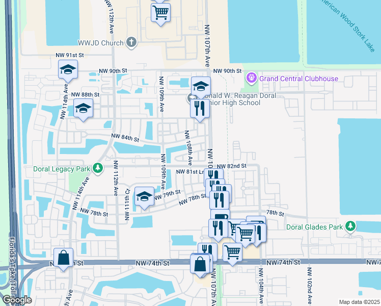 map of restaurants, bars, coffee shops, grocery stores, and more near 10820 Northwest 84th Street in Doral