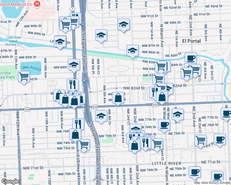 map of restaurants, bars, coffee shops, grocery stores, and more near 8201 Northwest 4th Avenue in Miami