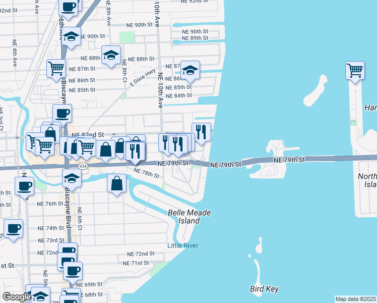 map of restaurants, bars, coffee shops, grocery stores, and more near 7999 North Bayshore Drive in Miami