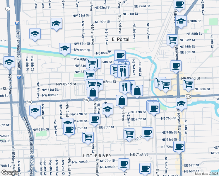 map of restaurants, bars, coffee shops, grocery stores, and more near 129 Northeast 80th Terrace in Miami