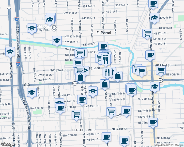 map of restaurants, bars, coffee shops, grocery stores, and more near 142 Northeast 82nd Street in Miami