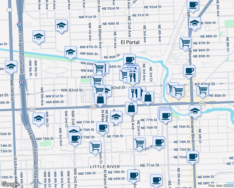 map of restaurants, bars, coffee shops, grocery stores, and more near 121 Northeast 80th Terrace in Miami