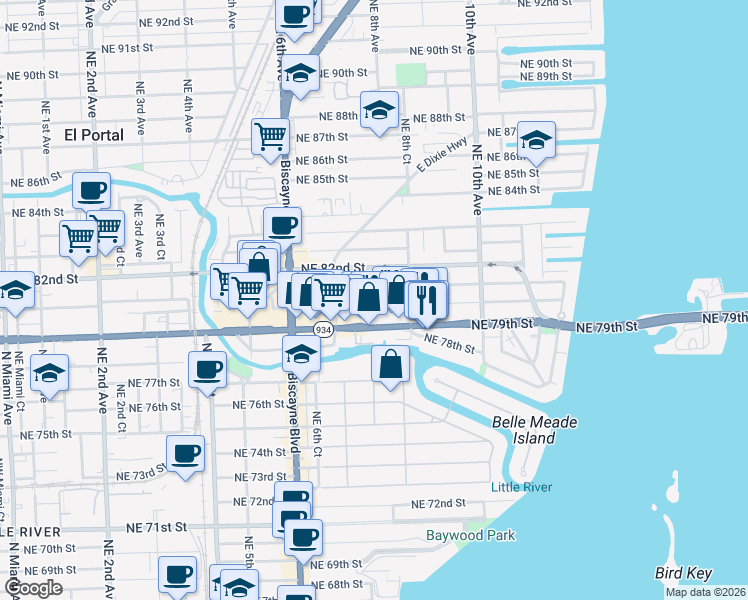 map of restaurants, bars, coffee shops, grocery stores, and more near 754 Northeast 81st Street in Miami