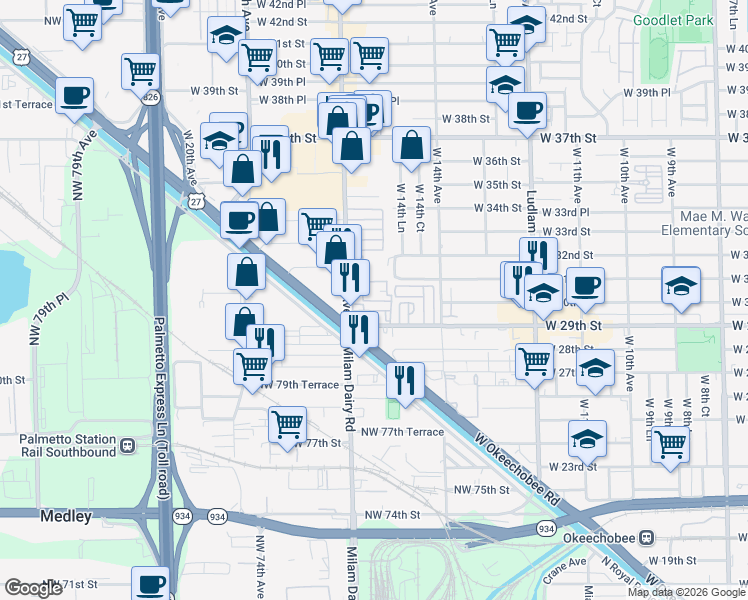 map of restaurants, bars, coffee shops, grocery stores, and more near 3130 West 15th Avenue in Hialeah