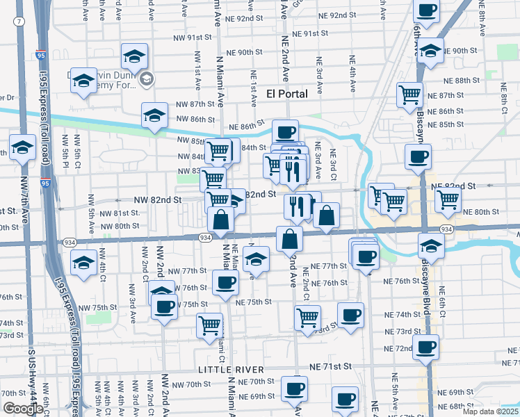 map of restaurants, bars, coffee shops, grocery stores, and more near 142 Northeast 82nd Street in Miami