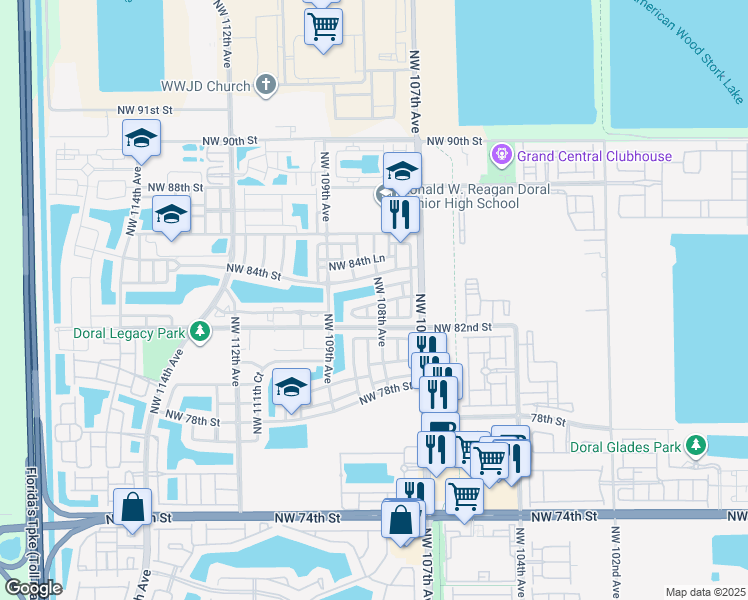 map of restaurants, bars, coffee shops, grocery stores, and more near 10820 Northwest 84th Street in Doral