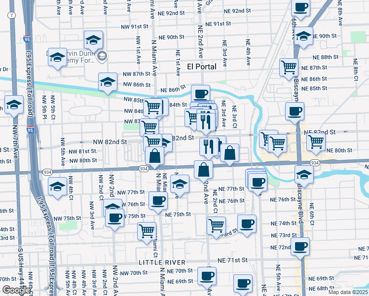 map of restaurants, bars, coffee shops, grocery stores, and more near 142 Northeast 82nd Street in Miami