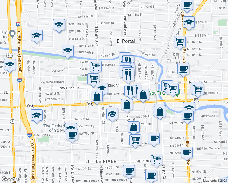 map of restaurants, bars, coffee shops, grocery stores, and more near 142 Northeast 82nd Street in Miami