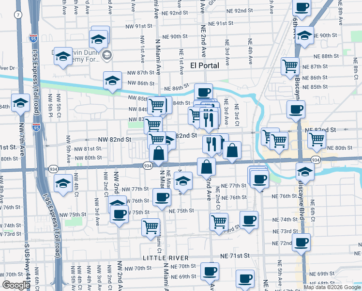 map of restaurants, bars, coffee shops, grocery stores, and more near 142 Northeast 82nd Street in Miami