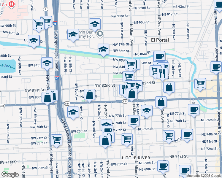 map of restaurants, bars, coffee shops, grocery stores, and more near 172 Northwest 82nd Street in Miami